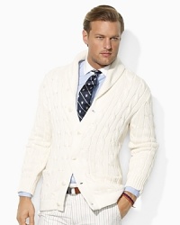 Lightweight and luxurious, this classic cable cardigan is knit from the softest cotton yarns and finished with a handsome shawl collar. Lightweight and luxurious, this classic cable cardigan is knit from the softest cotton yarns and finished with a handsome shawl collar.