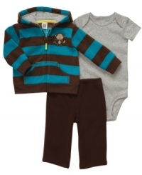 Swing him into the day with cozy style in this 3-piece bodysuit, hoodie and pant set from Carter's. Swing him into the day with cozy style in this 3-piece bodysuit, hoodie and pant set from Carter's.