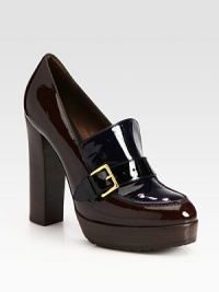 Patent leather wardrobe essential is modernized with contrasting panels and a commanding stacked heel. Stacked heel, 4¾ (120mm)Covered platform, 1 (25mm)Compares to a 3¾ heel (95mm)Patent leather upperLeather liningRubber trek solePadded insoleMade in ItalyOUR FIT MODEL RECOMMENDS ordering true size. Patent leather wardrobe essential is modernized with contrasting panels and a commanding stacked heel. Stacked heel, 4¾ (120mm)Covered platform, 1 (25mm)Compares to a 3¾ heel (95mm)Patent leather upperLeather liningRubber trek solePadded insoleMade in ItalyOUR FIT MODEL RECOMMENDS ordering true size.