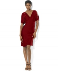 Vintage inspiration comes to life in Lauren Ralph Lauren's fluid velvet dress crafted with elegant split sleeves and glistening broaches at each shoulder. Vintage inspiration comes to life in Lauren Ralph Lauren's fluid velvet dress crafted with elegant split sleeves and glistening broaches at each shoulder.