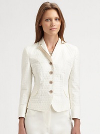 A subtle Punto dot texture and surprising contrast grosgrain trim elevate this classic silhouette.Notched lapelsContrast grosgrain trimButton frontBracelet sleevesFlap pocketsFully linedAbout 19 from shoulder to hemCottonDry cleanImported of Swiss fabricModel shown is 5'10 (177cm) wearing US size 4. A subtle Punto dot texture and surprising contrast grosgrain trim elevate this classic silhouette.Notched lapelsContrast grosgrain trimButton frontBracelet sleevesFlap pocketsFully linedAbout 19 from shoulder to hemCottonDry cleanImported of Swiss fabricModel shown is 5'10 (177cm) wearing US size 4.