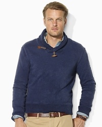 The epitome of casual refinement, a supremely soft bohemian fleece sweater is accented with luxe leather elbow patches and a handsome shawl collar. The epitome of casual refinement, a supremely soft bohemian fleece sweater is accented with luxe leather elbow patches and a handsome shawl collar.