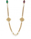 THE LOOKByzantine collectionDouble-chain designIntricate clover-shaped detailsColored glass stone and faux pearl accents24k electroplated gold settingLobster claspTHE MEASUREMENTLength, about 56ORIGINMade in USA