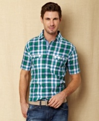 Change your casual pattern with this big plaid short-sleeved woven shirt from Nautica. Change your casual pattern with this big plaid short-sleeved woven shirt from Nautica.