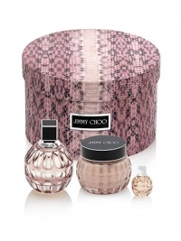 Reveal the glamorous seductress in you with this elegant Jimmy Choo gift set that includes a selection of Jimmy Choo treasures: a 3.3 oz. Eau de Parfum, 5 oz. Perfumed Body Cream, and a 0.15 oz. Eau de Parfum miniature. Reveal the glamorous seductress in you with this elegant Jimmy Choo gift set that includes a selection of Jimmy Choo treasures: a 3.3 oz. Eau de Parfum, 5 oz. Perfumed Body Cream, and a 0.15 oz. Eau de Parfum miniature.