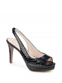THE LOOKSnakeskin designPeep-toeElastic slingbackPadded insoleSelf-covered heel 4 (100mm)THE MATERIALSnakeskin upperLeather lining and soleORIGINImported THE LOOKSnakeskin designPeep-toeElastic slingbackPadded insoleSelf-covered heel 4 (100mm)THE MATERIALSnakeskin upperLeather lining and soleORIGINImported