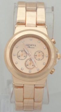 Geneva Quartz Chronograph-style Look Rhinestone on Dial Rose Gold Metal Band