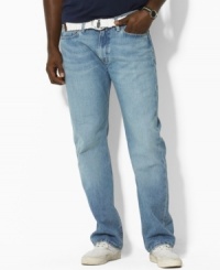 Classic-fitting jean in a rugged wash, gently distressed for the soft, faded look and feel of a timeworn favorite.