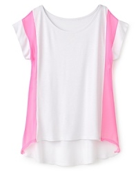 Fluorescent hues are on-trend this season. With birght neon chiffon insets, this short-sleeve tunic from Aqua gets it just right. Fluorescent hues are on-trend this season. With birght neon chiffon insets, this short-sleeve tunic from Aqua gets it just right.