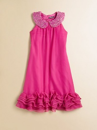 Your little princess will look the part in this frilly chiffon frock with beaded and sequined Peter Pan collar and ruffled hem in a drop-waist silhouette.Embellished Peter Pan collarSleevelessBack hook-and-eye closureDrop-waistRuffled hemPolyesterDry cleanImported Your little princess will look the part in this frilly chiffon frock with beaded and sequined Peter Pan collar and ruffled hem in a drop-waist silhouette.Embellished Peter Pan collarSleevelessBack hook-and-eye closureDrop-waistRuffled hemPolyesterDry cleanImported