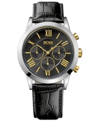 Yellow gold accents amp up the style on this traditional leather watch by Hugo Boss. Yellow gold accents amp up the style on this traditional leather watch by Hugo Boss.