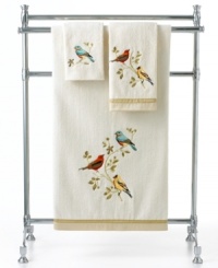 A touch of Spring. Featuring intricately embroidered birds on pure cotton, Avanti's Gilded Birds hand towel accents your space with an air of elegance perfect in any season. Sheared velour face; terry reverse. Finished with two-tone ribbon trim. A touch of Spring. Featuring intricately embroidered birds on pure cotton, Avanti's Gilded Birds hand towel accents your space with an air of elegance perfect in any season. Sheared velour face; terry reverse. Finished with two-tone ribbon trim.