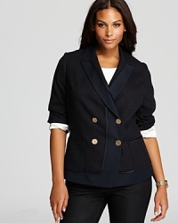 Master military chic with this double-breasted Tahari Woman Plus jacket. Clean lines carve a structured silhouette for a statement piece that goes season to season. Master military chic with this double-breasted Tahari Woman Plus jacket. Clean lines carve a structured silhouette for a statement piece that goes season to season.