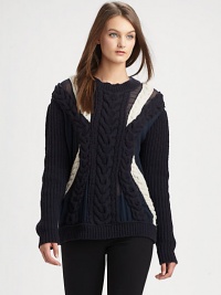 Contemporary knitwear in its finest form, this wool-rich sweater has bold cable-knit construction and semi-sheer silk chiffon paneling. Ribbed roundneckDropped shouldersLong sleevesAbout 26 from shoulder to hemBody: WoolTrim: 89% silk/11% elastaneDry cleanImportedModel shown is 5'10 (177cm) wearing US size Small. Contemporary knitwear in its finest form, this wool-rich sweater has bold cable-knit construction and semi-sheer silk chiffon paneling. Ribbed roundneckDropped shouldersLong sleevesAbout 26 from shoulder to hemBody: WoolTrim: 89% silk/11% elastaneDry cleanImportedModel shown is 5'10 (177cm) wearing US size Small.