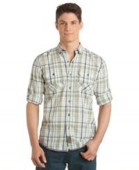 Play hard, work hard. This plaid-patterned shirt from Calvin Klein will keep you looking good no matter what you're up to. Play hard, work hard. This plaid-patterned shirt from Calvin Klein will keep you looking good no matter what you're up to.