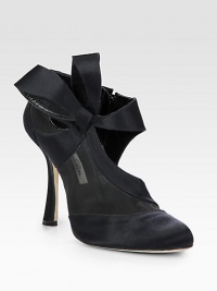 An asymmetrical bow defines this satin design with semi-sheer mesh and daring cutouts. Self-covered heel, 4½ (115mm)Satin and mesh upperSide zipLeather lining and solePadded insoleMade in Italy