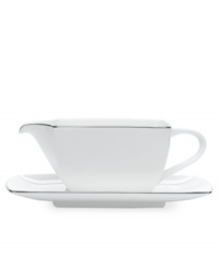 With lightweight construction in fine bone china, a softly squared design and platinum edging, the Mikasa Couture Platinum gravy boat (not shown) offers a new take on sophisticated modern dining. With lightweight construction in fine bone china, a softly squared design and platinum edging, the Mikasa Couture Platinum gravy boat (not shown) offers a new take on sophisticated modern dining.
