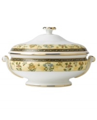 The exotic India dinnerware pattern presents a pattern of exquisitely detailed florals on a yellow and deep blue band against pure white bone china. The exotic India dinnerware pattern presents a pattern of exquisitely detailed florals on a yellow and deep blue band against pure white bone china.
