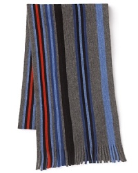 The fringed ends extend the stripe pattern on this choice scarf of wool and softer-than-soft cashmere, creating a fine complement to your cold weather coat. The fringed ends extend the stripe pattern on this choice scarf of wool and softer-than-soft cashmere, creating a fine complement to your cold weather coat.