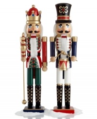 Christmas classics. The king of all nutcrackers and his faithful drummer boy have a grand presence in any holiday setting, carved in solid wood with traditional white beards and festive colored accents. King shown left; drummer on right. Christmas classics. The king of all nutcrackers and his faithful drummer boy have a grand presence in any holiday setting, carved in solid wood with traditional white beards and festive colored accents. King shown left; drummer on right.