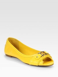 Smooth and vibrant, this leather classic has a logoed goldtone buckle and unexpected peep toe. Leather upperLeather lining and solePadded insoleImportedOUR FIT MODEL RECOMMENDS ordering true size. Smooth and vibrant, this leather classic has a logoed goldtone buckle and unexpected peep toe. Leather upperLeather lining and solePadded insoleImportedOUR FIT MODEL RECOMMENDS ordering true size.