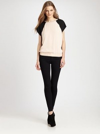 Contrasting shoulder and back panels lend a mod touch to this short-sleeved silk design.BoatneckShort raglan sleeves Pullover styleElastic hemAbout 24 from shoulder to hemSilk/SpandexDry cleanImportedModel shown is 5'10 (177cm) wearing US size Small. Contrasting shoulder and back panels lend a mod touch to this short-sleeved silk design.BoatneckShort raglan sleeves Pullover styleElastic hemAbout 24 from shoulder to hemSilk/SpandexDry cleanImportedModel shown is 5'10 (177cm) wearing US size Small.