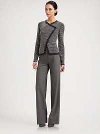 An ultra flattering wide-legged silhouette, rendered in a micro-patterned wool blend.Self waistbandZip fly with dual button closureWide legFully linedInseam, about 3791% wool/7% silk/2% elastaneDry cleanImportedModel shown is 5'10½ (177cm) wearing US size 4. An ultra flattering wide-legged silhouette, rendered in a micro-patterned wool blend.Self waistbandZip fly with dual button closureWide legFully linedInseam, about 3791% wool/7% silk/2% elastaneDry cleanImportedModel shown is 5'10½ (177cm) wearing US size 4.