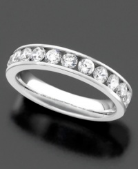 Radiant round-cut diamonds (1 ct. t.w.) are displayed in a classic channel setting on this 14k white gold ring. Radiant round-cut diamonds (1 ct. t.w.) are displayed in a classic channel setting on this 14k white gold ring.