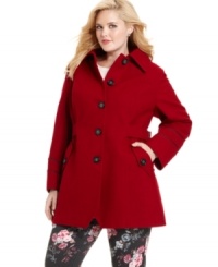 Sharp tailoring and edgy touches like faux leather piping and a multi-pleated back hem lend Miss Sixty's plus size coat an air of effortless cool. Sharp tailoring and edgy touches like faux leather piping and a multi-pleated back hem lend Miss Sixty's plus size coat an air of effortless cool.