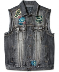 Rock this retro cool denim vest from Ecko Unltd for some seriously cool vintage style. Rock this retro cool denim vest from Ecko Unltd for some seriously cool vintage style.