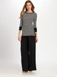 Nautical stripes meet glam gold button details for a sophisticated look.Round neckThree-quarter sleevesAllover stripesSolid trimPull-on style45% linen/33% viscose/22% polyamideHand washImported Model shown is 5'10 (177cm) wearing US size Small. Nautical stripes meet glam gold button details for a sophisticated look.Round neckThree-quarter sleevesAllover stripesSolid trimPull-on style45% linen/33% viscose/22% polyamideHand washImported Model shown is 5'10 (177cm) wearing US size Small.