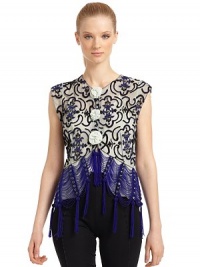 THE LOOKAllover beaded design with rhinestone appliquéSemi-sheer constructionV-neckFront bow detailCap sleevesBeaded fringe trim along hemTHE FITAbout 22 from shoulder to hemTHE MATERIALNylonSilk liningCARE & ORIGINDry cleanMade in ItalyModel shown is 5'10½ (179cm) wearing US size 4. THE LOOKAllover beaded design with rhinestone appliquéSemi-sheer constructionV-neckFront bow detailCap sleevesBeaded fringe trim along hemTHE FITAbout 22 from shoulder to hemTHE MATERIALNylonSilk liningCARE & ORIGINDry cleanMade in ItalyModel shown is 5'10½ (179cm) wearing US size 4.
