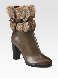 Must-have winter staple constructed of Italian leather with luxurious rabbit fur trim and a tall stacked heel. Stacked heel, 3½ (90mm)Leather-covered platform, ½ (15mm)Compares to a 3 heel (75mm)Weatherproof leather upper with rabbit furInside zip with leather adjustable buckle strapBreathable microfiber liningSlip resistant rubber trek solePadded insoleMade in Italy Must-have winter staple constructed of Italian leather with luxurious rabbit fur trim and a tall stacked heel. Stacked heel, 3½ (90mm)Leather-covered platform, ½ (15mm)Compares to a 3 heel (75mm)Weatherproof leather upper with rabbit furInside zip with leather adjustable buckle strapBreathable microfiber liningSlip resistant rubber trek solePadded insoleMade in Italy