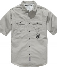 Get some R&R with this crisp, cool military-style shirt from Sean John. Get some R&R with this crisp, cool military-style shirt from Sean John.