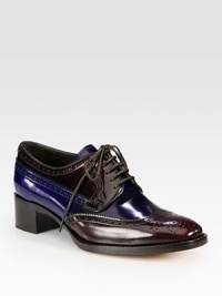 Two-tone spazzolato lace-up silhouette with wingtip detail and a stacked heel. Stacked heel, 1½ (40mm)Spazzolato upperLeather lining and soleMade in Italy Two-tone spazzolato lace-up silhouette with wingtip detail and a stacked heel. Stacked heel, 1½ (40mm)Spazzolato upperLeather lining and soleMade in Italy