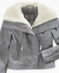 Da bomb. This bomber-style pleather jacket from Guess gives her style a sweet, streamlined look. Da bomb. This bomber-style pleather jacket from Guess gives her style a sweet, streamlined look.