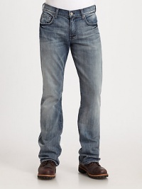 Slim silhouette in light washed denim with subtle whiskering, accented by the A back pockets for a signature feel.Five-pocket styleInseam, about 34CottonMachine washMade in USA Slim silhouette in light washed denim with subtle whiskering, accented by the A back pockets for a signature feel.Five-pocket styleInseam, about 34CottonMachine washMade in USA