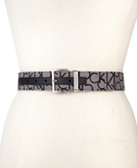 Cinch your look with signature style with this reversible belt from Calvin Klein, featuring the iconic CK monogram on one side and basic black on the other. Cinch your look with signature style with this reversible belt from Calvin Klein, featuring the iconic CK monogram on one side and basic black on the other.