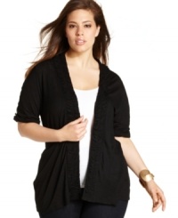 Layer your go-to tanks with INC's half sleeve plus size cardigan, accented by shirring. Layer your go-to tanks with INC's half sleeve plus size cardigan, accented by shirring.