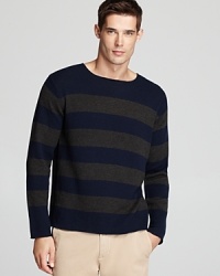 Baby camel hair, merino wool and nylon combine for a dramatically soft stripe sweater that pairs with designer jeans for a powerful cool weather tandem. Baby camel hair, merino wool and nylon combine for a dramatically soft stripe sweater that pairs with designer jeans for a powerful cool weather tandem.