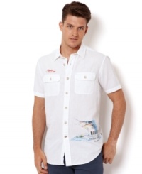 A ocean graphic and a breezy linen design give this Nautica shirt a cool, sunny style. A ocean graphic and a breezy linen design give this Nautica shirt a cool, sunny style.