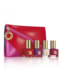 Master the art of nails with these 4 vibrant shades, Purple Passion, Berry Hot, Porcelain and Pure Red. This gift collection includes a modern, color-block case with Pure Color Nail Lacquer - the perfect stocking stuffer. Master the art of nails with these 4 vibrant shades, Purple Passion, Berry Hot, Porcelain and Pure Red. This gift collection includes a modern, color-block case with Pure Color Nail Lacquer - the perfect stocking stuffer.