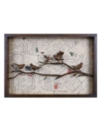 Open your home to the art of assemblage with A Little Message. Part metal sculpture of four little birds on a branch, part decoupage of antique postcards, this whimsical piece is truly unique and a pleasure to look at, and it will capture everyone's imagination. Open your home to the art of assemblage with A Little Message. Part metal sculpture of four little birds on a branch, part decoupage of antique postcards, this whimsical piece is truly unique and a pleasure to look at, and it will capture everyone's imagination.