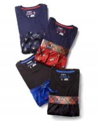 Sleepwear set by Polo Ralph Lauren includes a solid short sleeve pullover and a drawstring print pant. Makes a perfect gift.