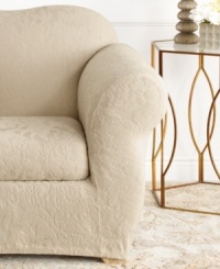 The perfect mix of form and fashion is found in this sumptuous stretch jacquard slipcover from Sure Fit. A raised damask pattern offers sleek texture for a clever update while its allover stretchy fabric lends a secure fit that tucks in and stays put! The perfect mix of form and fashion is found in this sumptuous stretch jacquard slipcover from Sure Fit. A raised damask pattern offers sleek texture for a clever update while its allover stretchy fabric lends a secure fit that tucks in and stays put!