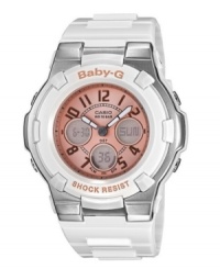 A drop of setting sun surrounded by cooling whites make up this tough-girl watch from Baby-G. Crafted of white resin bracelet and round stainless steel case. White resin bezel features orange logo. Light pink analog and digital display dial features black indices, three sparkling subdials, shock resistance, LED light, world time, five daily alarms, stopwatch, countdown timer, edit mode and 12/24-hour formats. Quartz movement. Water resistant to 100 meters. One-year limited warranty. A drop of setting sun surrounded by cooling whites make up this tough-girl watch from Baby-G. Crafted of white resin bracelet and round stainless steel case. White resin bezel features orange logo. Light pink analog and digital display dial features black indices, three sparkling subdials, shock resistance, LED light, world time, five daily alarms, stopwatch, countdown timer, edit mode and 12/24-hour formats. Quartz movement. Water resistant to 100 meters. One-year limited warranty.