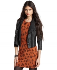 Draped details through the front add feminine flair to this otherwise sleek Bar III faux-leather jacket -- a chic fall topper! Draped details through the front add feminine flair to this otherwise sleek Bar III faux-leather jacket -- a chic fall topper!