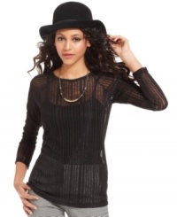 Allover burnout stripes add on-trend texture to this Bar III top -- a hot fall layering piece! Allover burnout stripes add on-trend texture to this Bar III top -- a hot fall layering piece!