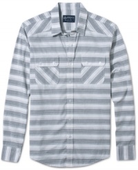 Spinning off axis: To make a long-sleeved shirt look out of the ordinary, American Rag skews shirting stripes to the horizontal. Spinning off axis: To make a long-sleeved shirt look out of the ordinary, American Rag skews shirting stripes to the horizontal.