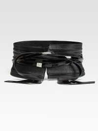 A statement style with a wide, textured leather sash, logo embossed metal accent and a multi-wrapped, patent leather tie. Width, about 4½Imported A statement style with a wide, textured leather sash, logo embossed metal accent and a multi-wrapped, patent leather tie. Width, about 4½Imported
